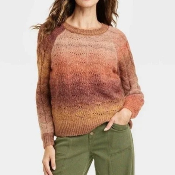 Knox Rose Sweaters - Knox Rose Bohemian Sweater XSmall Brown Ombre Crochet Knit Crewneck